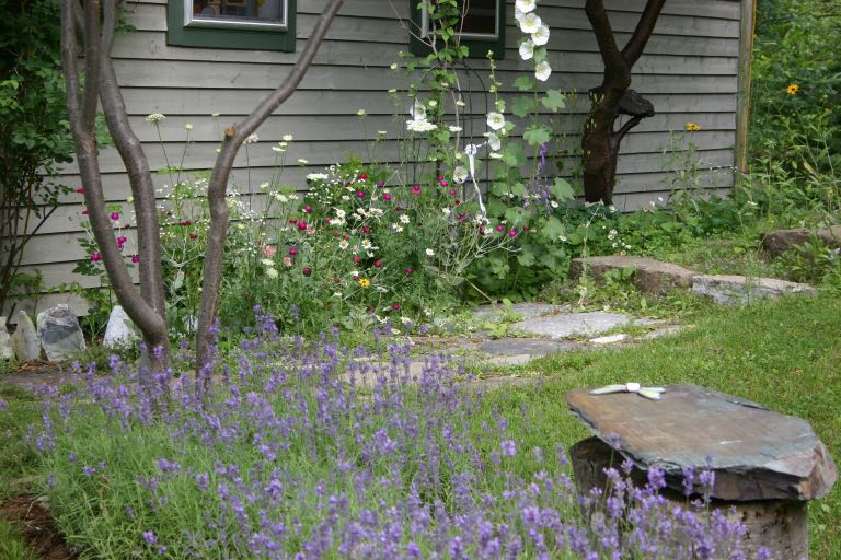 picture of a garden with lots of colourful flowers and a stone bench