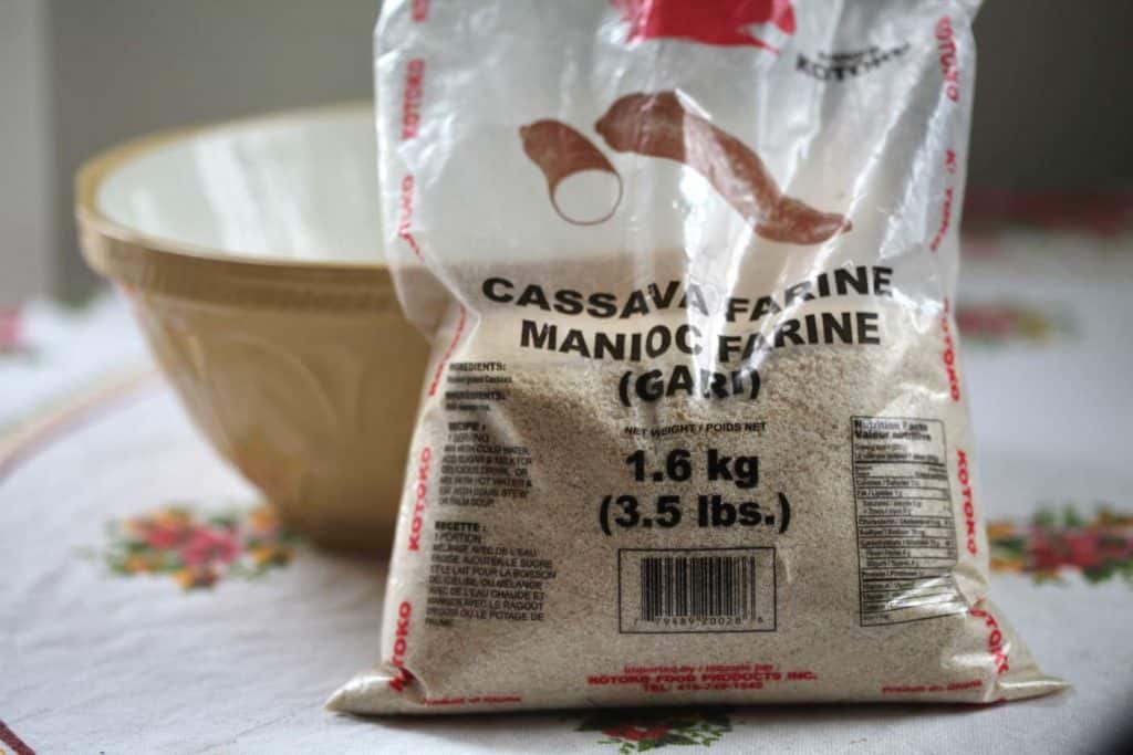 bag of farine leaning against a yellow and white bowl