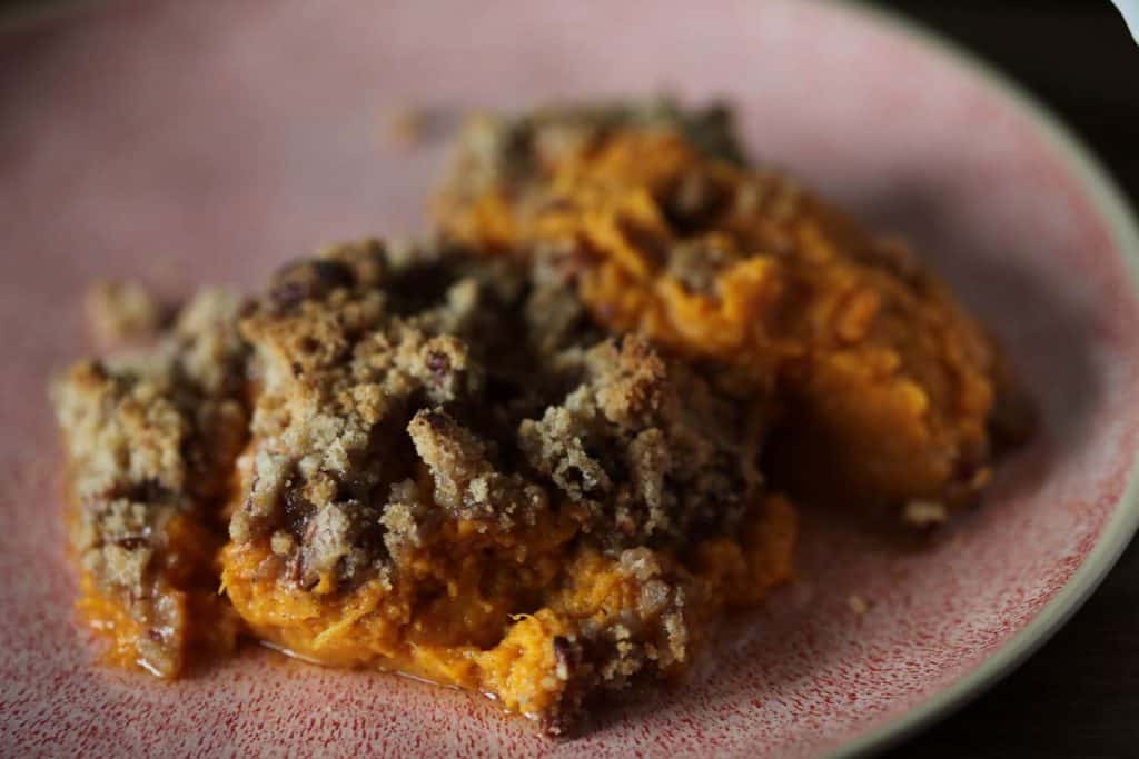 closeup of the sweet potato casserole served on a plate