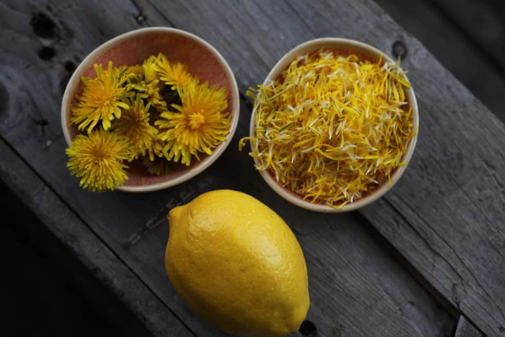 some of the ingredients for dandelion jelly- dandelion petals and lemon