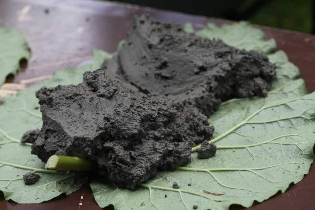 a dollop of concrete on a rhubarb leaf on a brown table