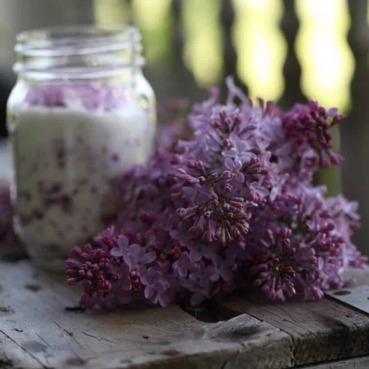lilac sugar on a wooden crate next to lilac blossoms