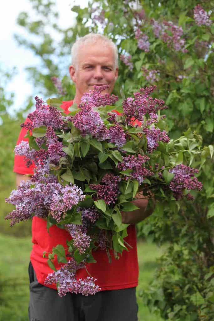 a man holding a bouquet of lilacs