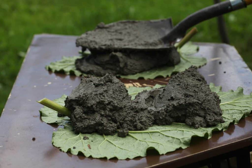 applying concrete to large leaves on a table using a shovel