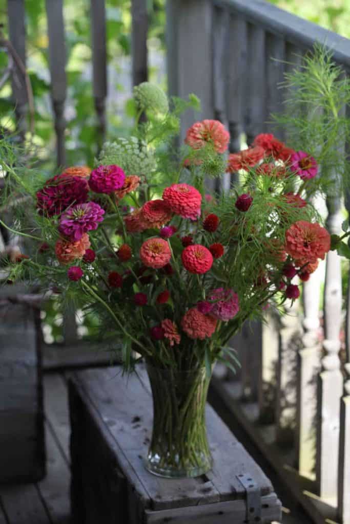 a vase of globe amaranth with zinnias, cosmos, and ammi