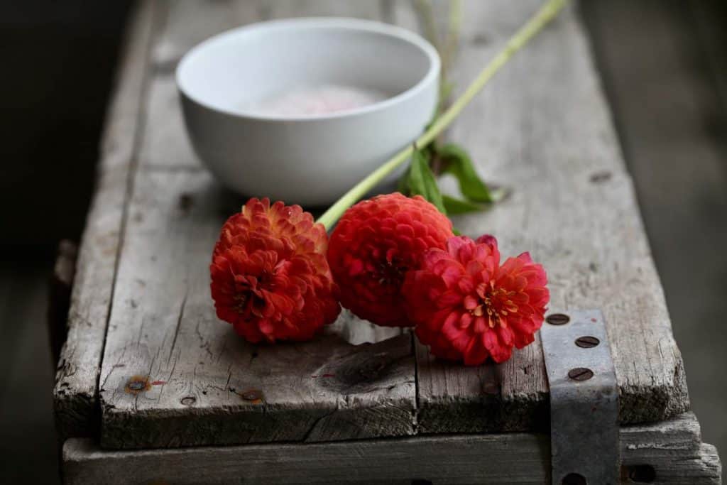 red flowers and silica gel on a wooden crate