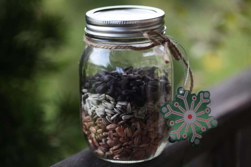 a gift of sunflower seeds in a mason jar on a wooden railing
