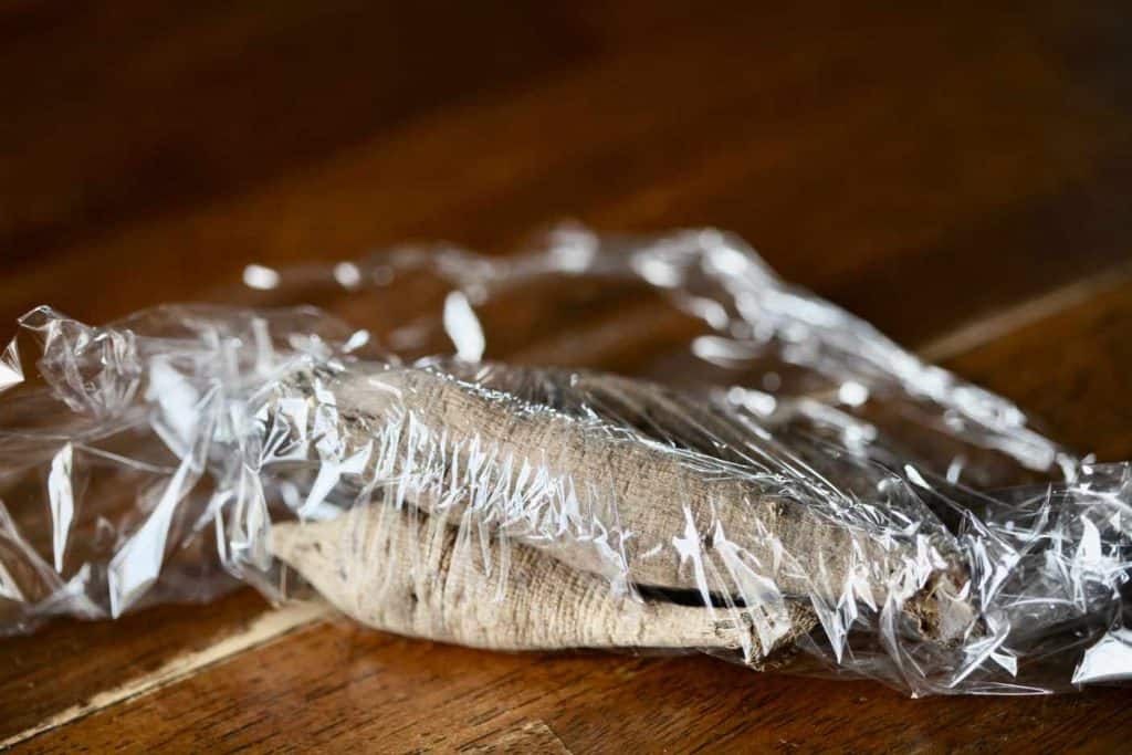 dahlia tubers in plastic wrap