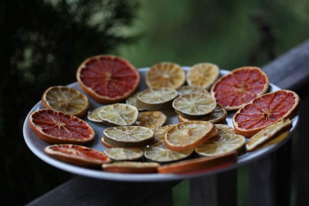 dried pink grapefruit, lemons and limes on a plate on a wooden railing