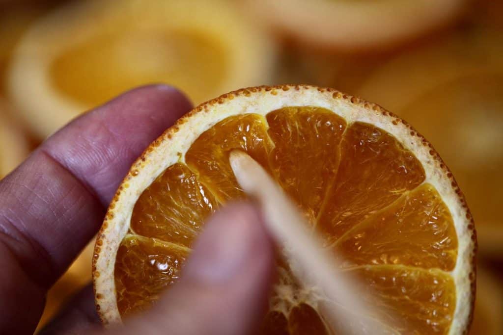 a hand holding a dried orange slice making a hole with a skewer