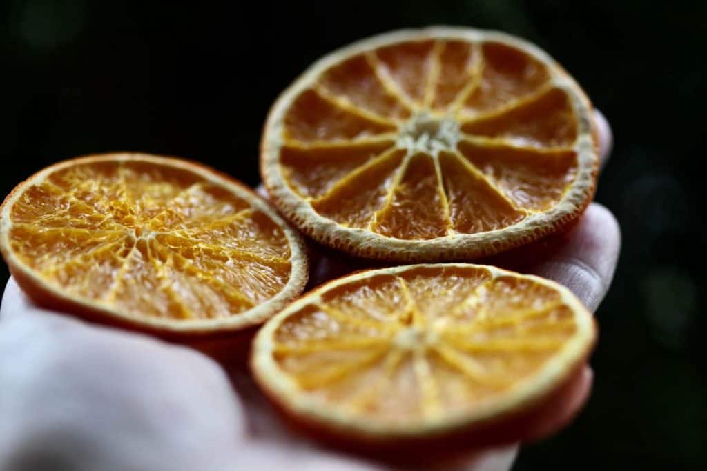 a hand holding three dried orange slices