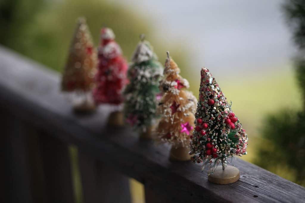 a collection of bottle brush trees on a wooden railing