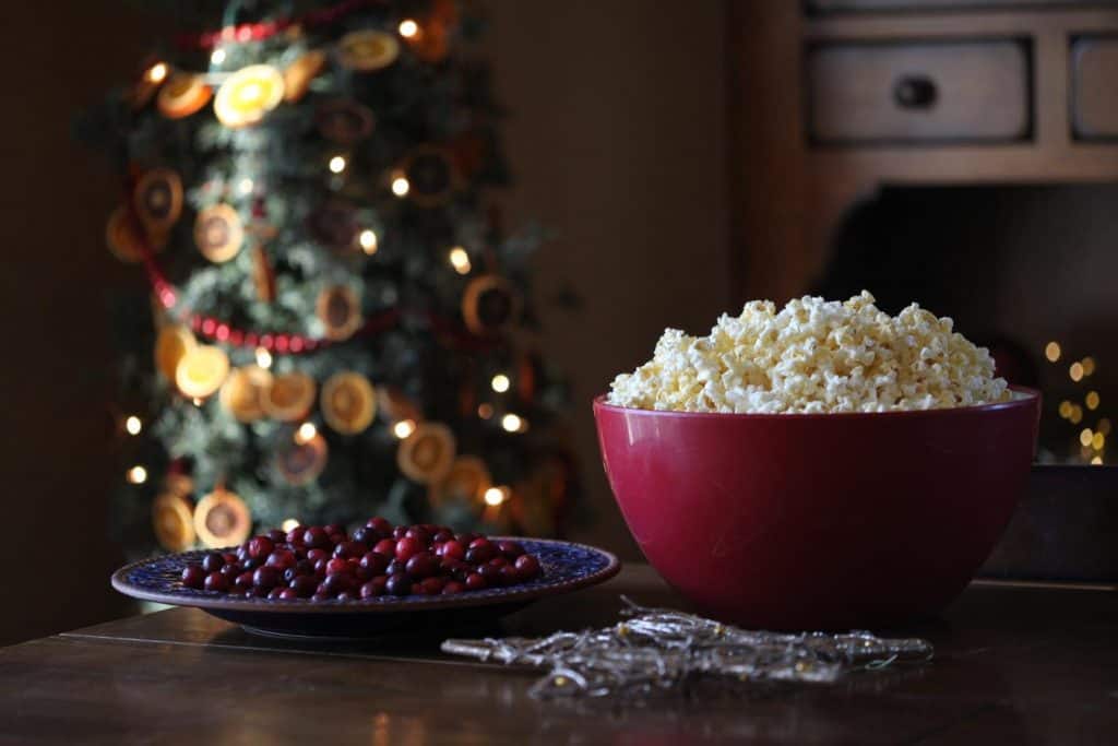 fresh cranberries and stale popcorn on a table in front of a Christmas tree decorated with natural ornaments