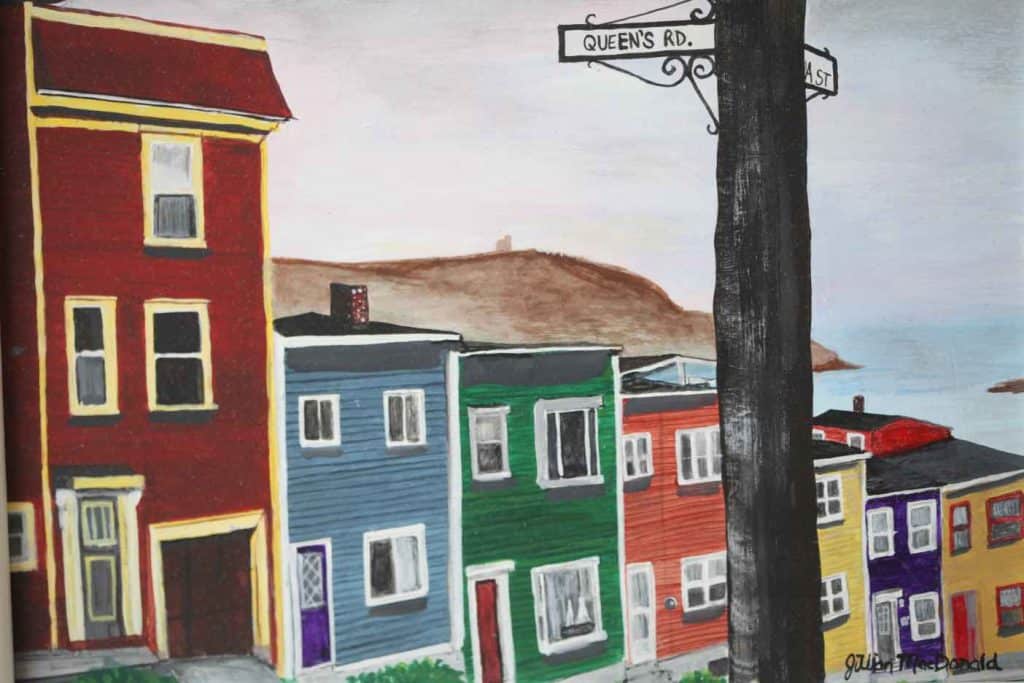 painting of colourful row houses, Queen's Road, Newfoundland