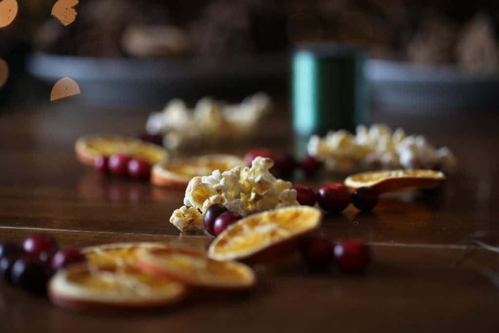 cranberry, orange and popcorn garland on a table