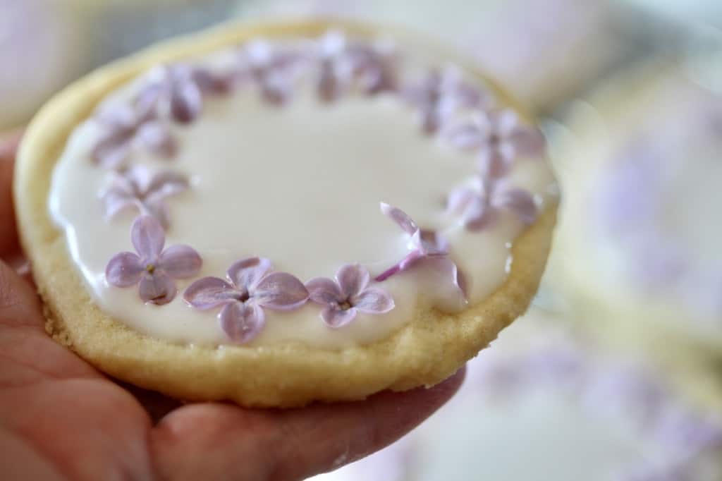 a sugar cookie decorated with edible lilac blossoms and royal icing