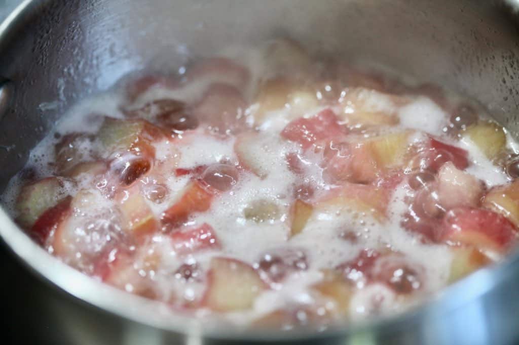 boiling rhubarb in a pot