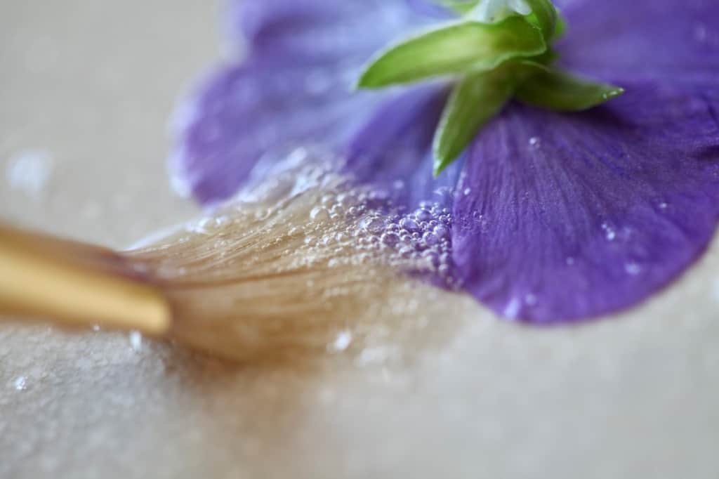 painting an edible flower with egg white, making edible candied flowers