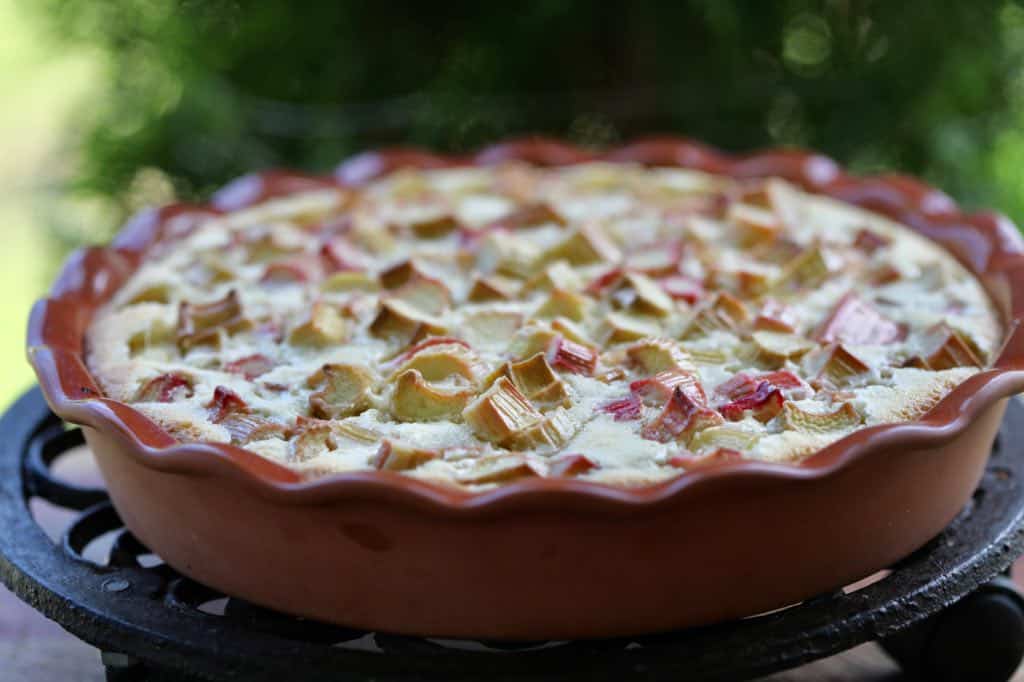 old fashioned rhubarb pie in a ceramic pie plate on a metal trivet