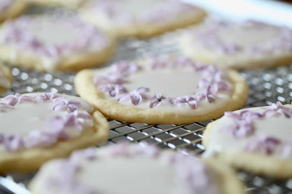 sugar cookies with royal icing and edible lilac blossoms