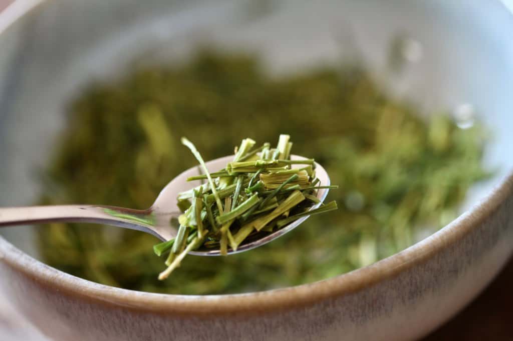 a spoonful of dried chives over a bowl of dried chives