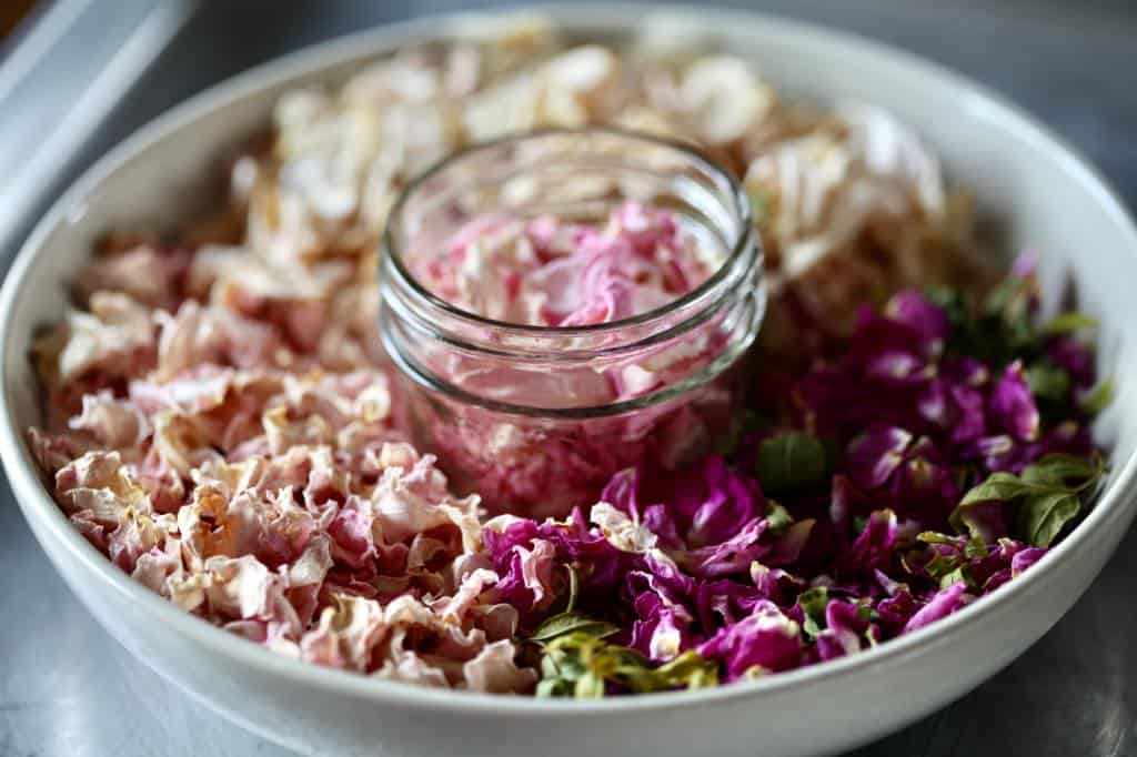dried rose petals in a bowl