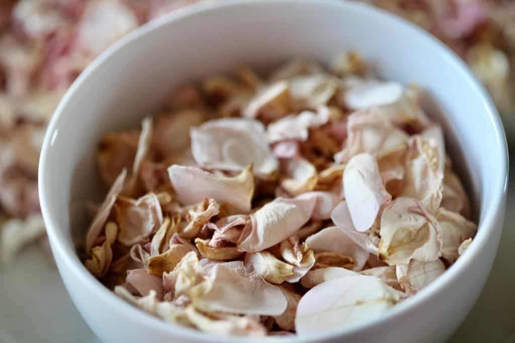 oven dried rose petals in a white bowl