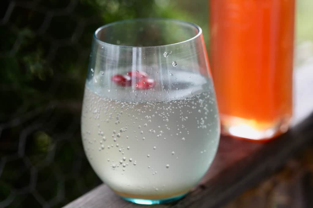 rose hip syrup in a glass of sparkling water