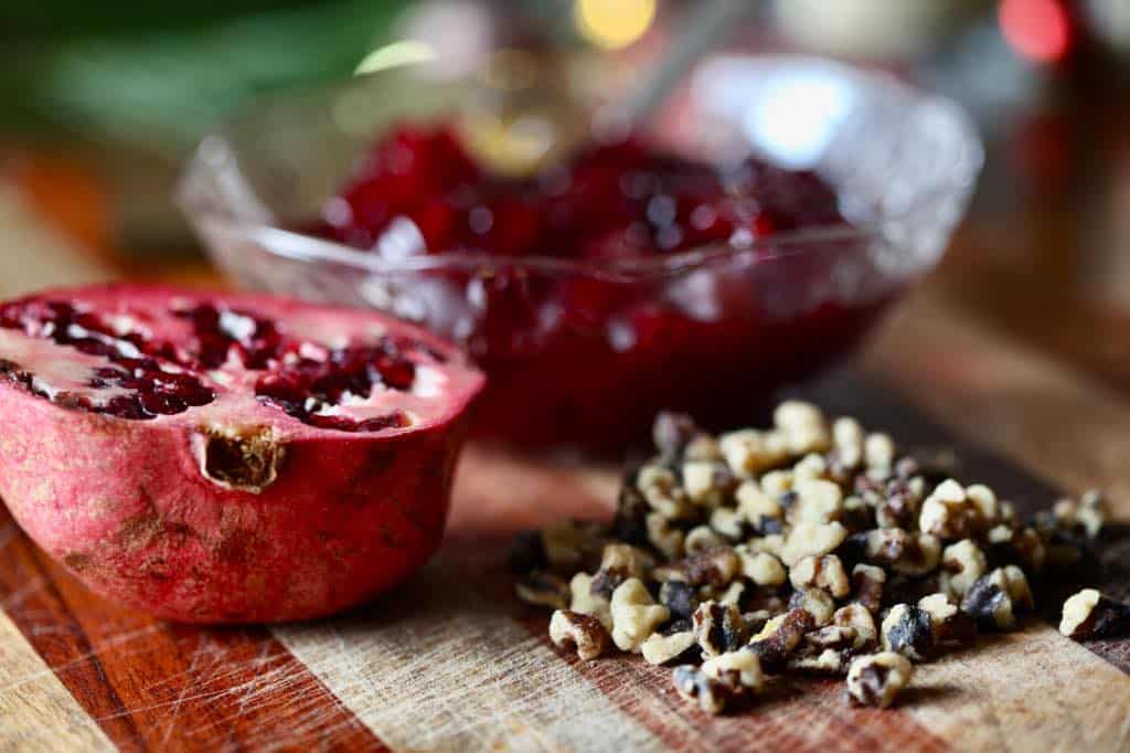 pomegranate, whole cranberry sauce, and walnut pieces