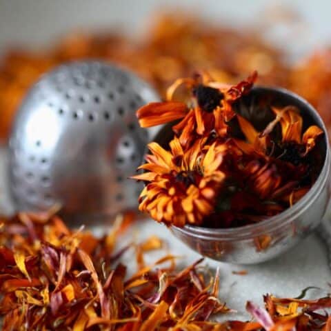 dried calendula petals in a tea ball