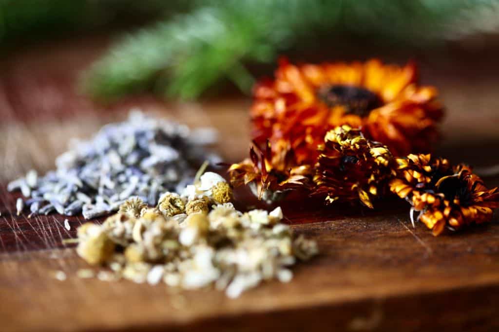 dried orange flowers combined with lavender and chamomile to make a mixed tea blend
