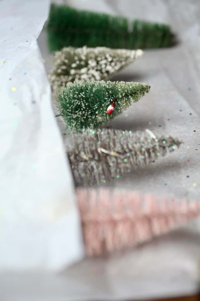 wrapping bottle brush trees in tissue paper