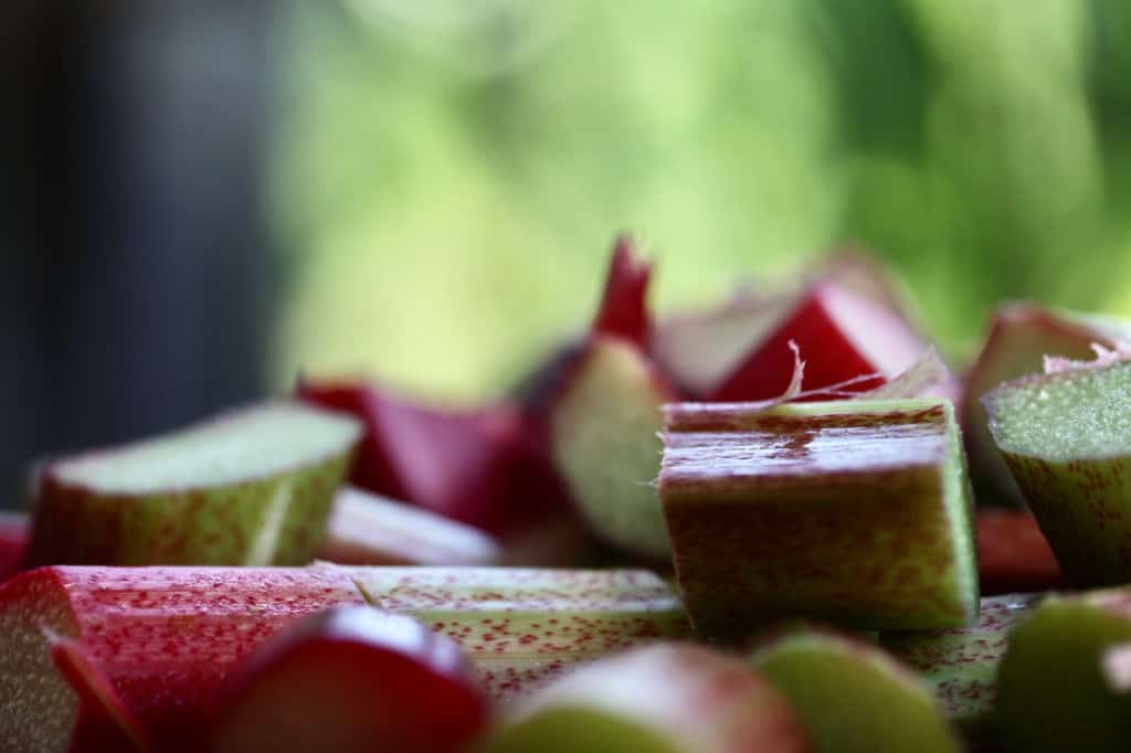 sliced rhubarb pieces in front of a green blurred background