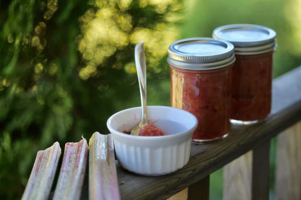 two mason jars with rhubarb jam on a wooden railing next to a white bowl with jam and a silver spoon, as well as several pieces of chopped rhubarb