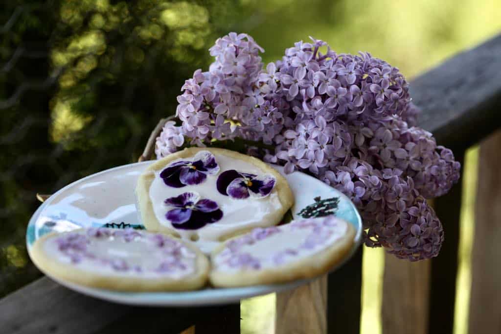 edible flower cookies on a plate next to fresh purple lilac flowers