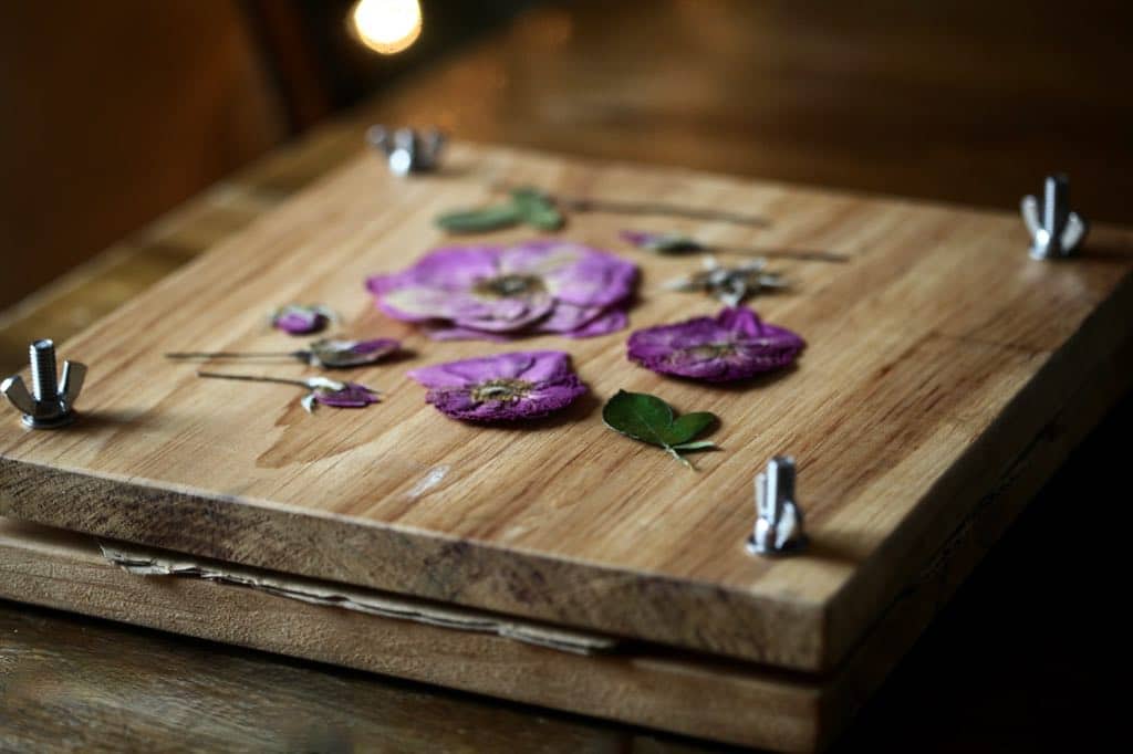 wooden diy flower press covered with pressed roses
