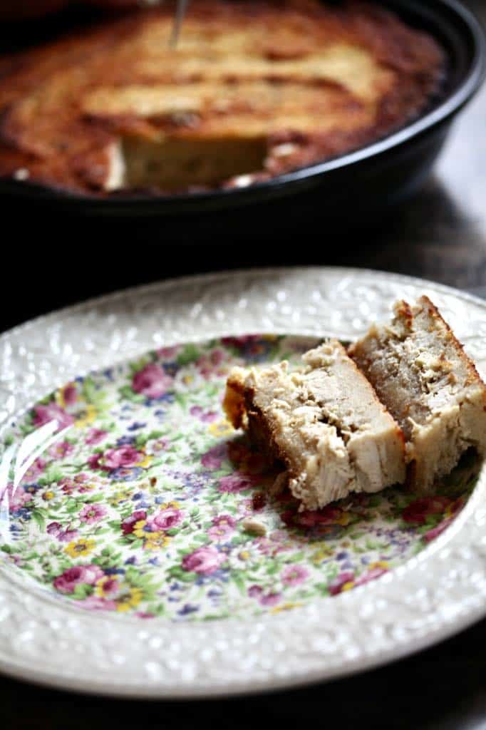 pieces of cassava pie on a floral plate